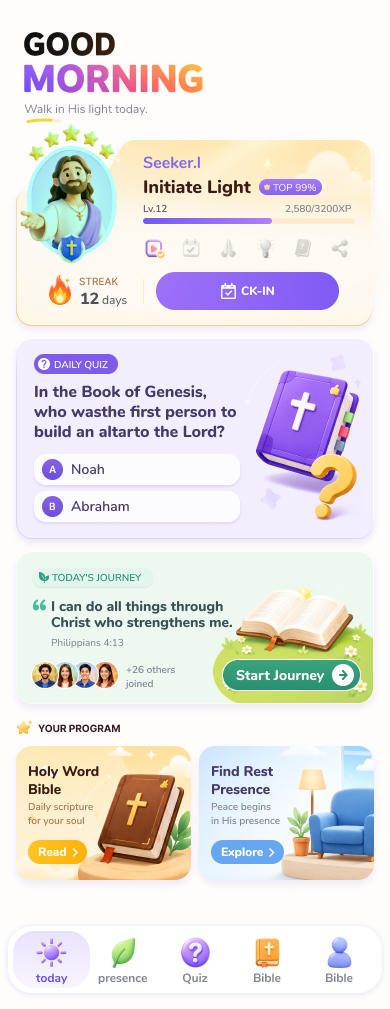BiblePal Today screen with check-in, quiz, and journey cards